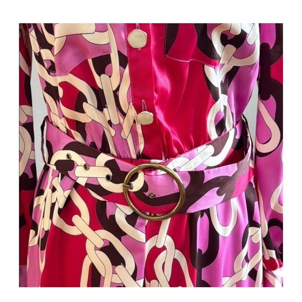Zara Pink and Red Chain Print Ivory Enamel Button Satin Shirt Dress Size large - Picture 7 of 9